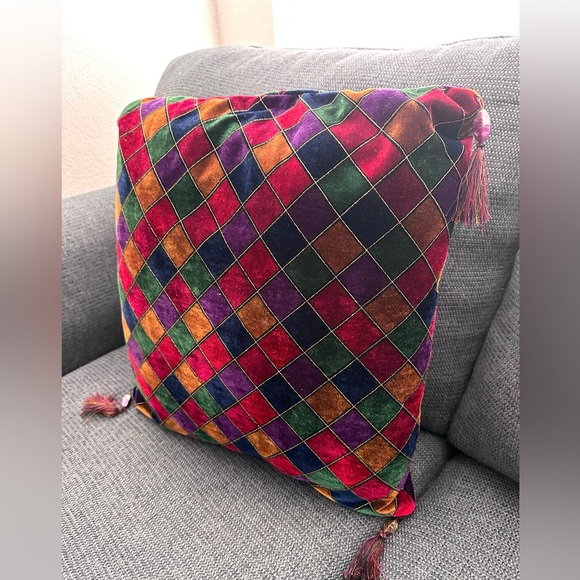 Pier 1 Imports Velvet Pillow Diamond Stitched Jewel Tones Tassels 20" - Picture 3 of 7